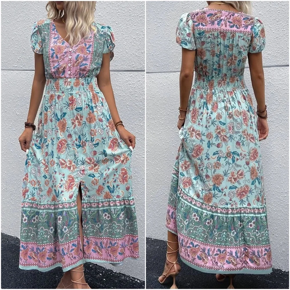 Boho Red Floral Print Butterfly Sleeve Button Detail Dress - Picture 4 of 8